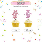 24pcs Ballet Cupcake Toppers, Ballet Shoes Cupcake Toppers, Pink Glitter Ballerina Cake Decoration for Girl, Ballet Themed Baby Shower/Birthday Party Supplies