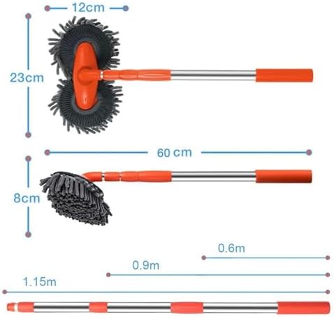 Retractable Double Head Car Wash Brush 360° Rotating Long Handle Car Cleaning Kit Brush Chenille Microfiber Car Wash Mop Not Hurt Paint Scratch Free((Single Set + 1 Spare Brush Head)