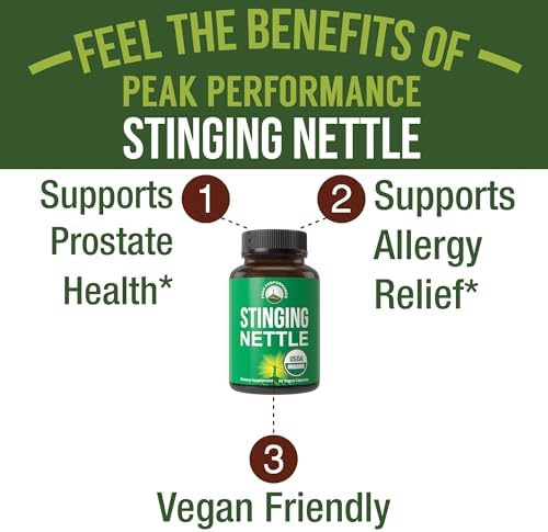 USDA Organic Stinging Nettle Vegan Capsules Made with Stinging Nettle Leaf Powder for Prostate, Hair Growth, Allergy. Better Than Root or Seed Extract. Plant Based Herb Supplement Tablets, 60 Pills