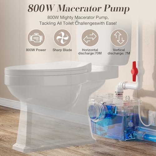 Macerating Toilet System, 800PRO HIGH POWER Macerator Pump with 4 Inlets & 2 Outlets for Kitchen Sink, Bathroom, Laundry, Easy Install Two Piece Upflush Toilet for Basement, Nano-glazed