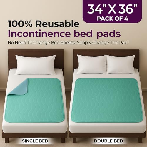 Epicessentials Incontinence Bed Pads Washable Waterproof Mattress Protector 34" x 36" Holds Up to 6 Cups - 500 GSM Heavy Absorbency Pee Pads for Adults, Dogs and Kids Bedwetting - 4 Pack - Green/Blue
