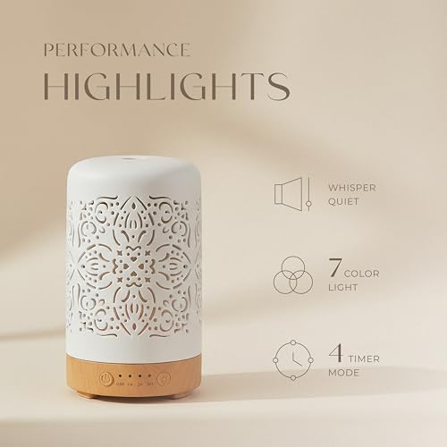 Earnest Living Essential Oil Diffuser White Ceramic Diffuser 100 ml Timers Night Lights and Auto Off Function Home Office Humidifier Aromatherapy Diffusers for Essential Oils