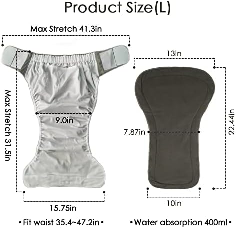 3 Pack Adult Cloth Diapers with Oversized Diaper Inserts, TPU Waterproof Nappy Reusable Washable Elderly Incontinence Care Protection Nappies Underwear for Men or Women, Waist 35.4-47.2Inches (L)