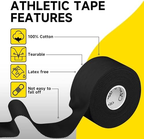 CKeep Athletic Tape, 4 Pack Black Sports Tape, Very Sturdy No Glue Residue, Wrist Ankle Tape for Muscle, Climbing, Boxing, Athletes, Baseball Bats, Strains, Sprains, Injuries（1.5 Inches）