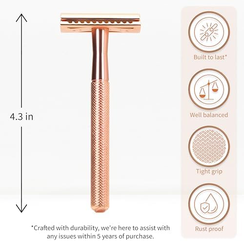 Bambaw Safety Razor for Women with 5 Double Edge Blades, Double Edge Razor, Single Blade Razors for Women and Men, Reusable & Plastic Free – Rose Gold
