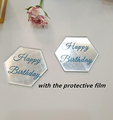 Set of 12pcs Hexagon Cake Topper Disc, Happy Birthday Mirror Acrylic Cake Discs, Topper Decor for Cupcake,Mini Acrylic Cake Toppers (Silver Mirror)