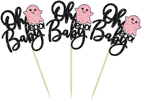 Gyufise 24Pcs Oh Baby Halloween Cupcake Toppers Black Glitter Ghost Cupcake Picks for Baby Shower Birthday Happy Halloween Theme Party Cupcake Decoration Supplies