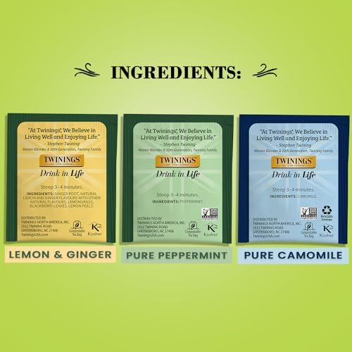 Twinings Herbal Tea Variety 3-Pack – Pure Peppermint, Pure Camomile + Lemon & Ginger Tea Bags, Naturally Caffeine-Free, 20 Count Each