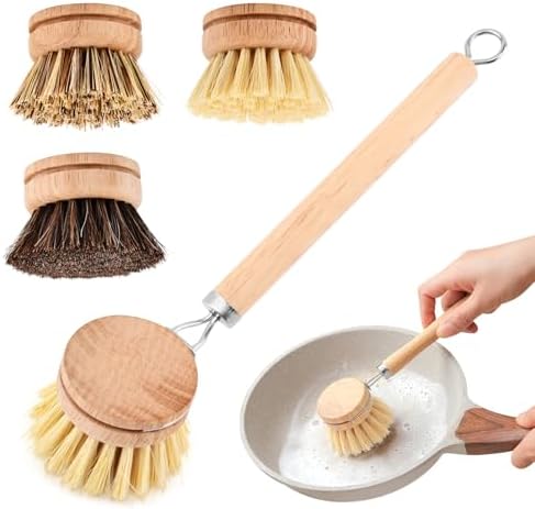 Bamboo Dish Brush with Handle - 3 Replacement Heads, Soft Bristles Kitchen Brush, Bamboo Dish Scrubber for Dishes Vegetable, Pots and Pans, Kitchen Utensils(Color:Wood)