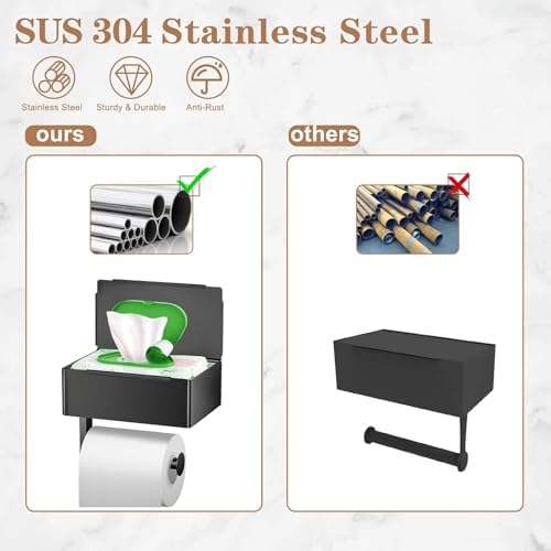 Toilet Paper Holder with Shelf - SUS304 Stainless Steel Toilet Paper Storage with Wipes Dispenser & Toilet Paper Roll Holder Wall Mount for Bathroom Storage, No Drill to Install - Matte Black