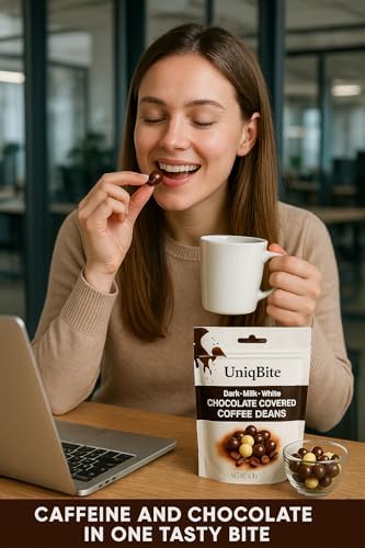 UNIQBITE Chocolate Covered Coffee Beans, 4.4 Oz, Mixed Chocolate Dragees with Whole Roasted Coffee, White-Dark-Milk Chocolates, Resealable Bag