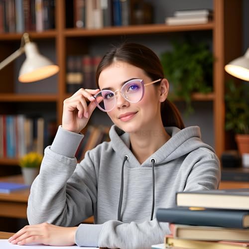 HJSTES Blue Light Blocking Glasses Women Trendy Cat Eye Metal Frame Computer Reading Eyewear(Purple Frame)