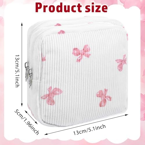 2 Pack Period Bag Pouch for Women Girls, Cute Corduroy Sanitary Napkin Storage Bag with Bow Design, Portable Discreet Menstrual Pad Pouches Tampon Holder for Purse, Small Make Up Bags