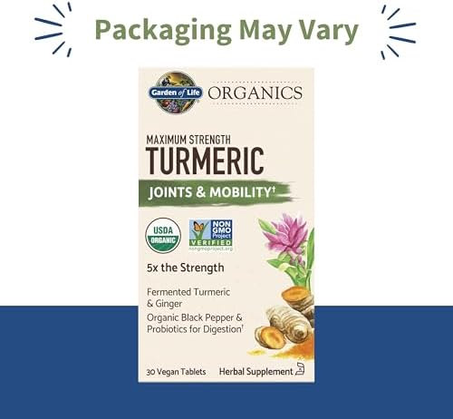 Garden of Life Organics Maximum Strength Turmeric Joints & Mobility Support 30 Tablets - 500mg Curcumin (95% Curcuminoids) Black Pepper - Organic Non-GMO Vegan & Gluten Free Herbal Supplements