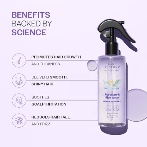Bare Anatomy Nature x Science Rosemary Water Spray for Hair Growth & Hair Thickness with Rice Water |100% Natural Extract | Soft & Smooth Hair| Controls Hairfall| Non-Greasy & Fast Absorbing | 200ml