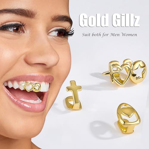 7Pcs Golden Grillz Set for Your Teeth Open Face Hip Hop Rapper Teeth Jewelry Single Grill Dental Caps for Top 8/6 Bottom Tooth Grillz