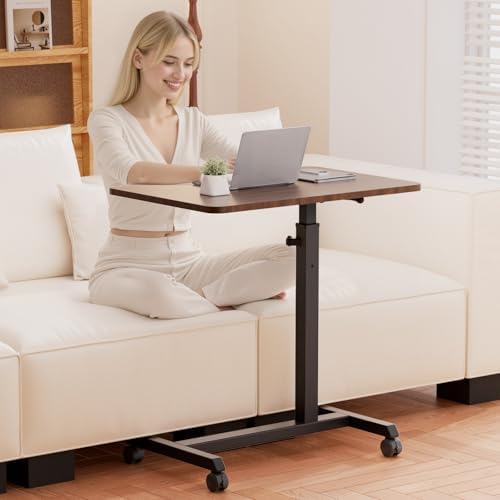 COMHOMA Adjustable Overbed Bedside Table with Lockable Wheels, Foldable Mobile Rolling Laptop Desk, Height Adjustable Standing Desk Bed Table for Hospital and Home Use, Walnut