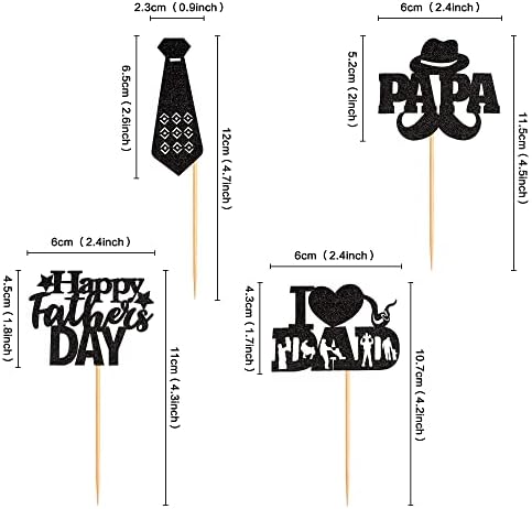 Ercadio 24Pcs Glitter Black Happy Father’s Day Cupcake Toppers I Love Dad Cupcake Picks Moustache Hat Papa Cupcake Decors for Dad Birthday Office Father’s Day Party Supplies