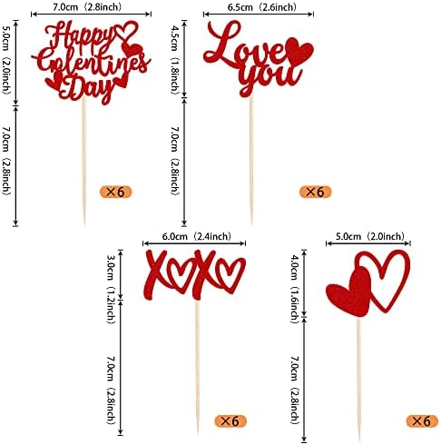 24 Pack Happy Galentine's Day Cupcake Toppers Red Glitter XOXO Sweet Love Heart Love You Valentine Cupcake Food Picks Happy Valentine's Day Theme Birthday Party Cake Decorations Supplies