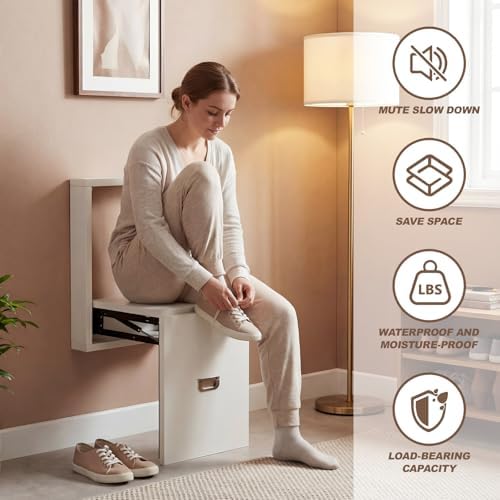 Geelin 1 Pcs Wall Mounted Folding Chair, Modern Entryway Shoe Changing Stool, 330lbs Capacity, Extra-Wide Seat, Invisible Folding Chair for Hallway, Hidden Shoe Bench Fits Most Homes, Tea White