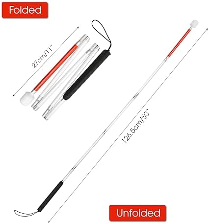 Blind Cane Stick - Mobility Reflective Red-White Foldable Walking Baston para Ciegos, Marshmallow Ball Tip | Folding Replacement/Prop Tool for Visually Impaired Person, Men, Women People Seeing Sight