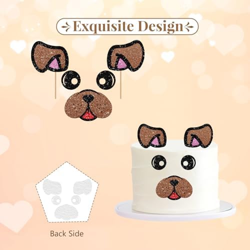 Bulldog Face Cake Topper, Puggy Dog Birthday Cake Decor, Black&Brown Glitter Dog Face Let's Pawty Cake Topper Set for Baby Shower, Pet Animal Themed Party Supplies