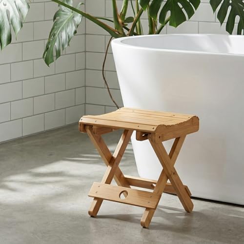 2 Pack 12 Inch Folding Bamboo Stool, No Assembly Small Bamboo Folding Step Stool Shower Bench Seat for Bathroom, Sauna and Leg Shaving, (11x11x12.6 Inch)