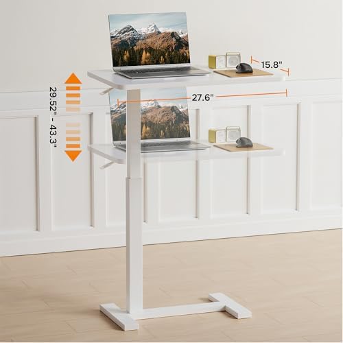 Overbed Bedside Table with Hidden Casters, Adjustable Hospital & Home Use Bed Table, Rolling Laptop Table, Movable Standing Desk, White
