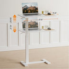 Overbed Bedside Table with Hidden Casters, Adjustable Hospital & Home Use Bed Table, Rolling Laptop Table, Movable Standing Desk, White
