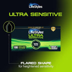 LifeStyles Ultra Sensitive Premium Lubricated Natural Latex Condoms Value Pack - 100 Count, 1 Pack - Triple Tested for Best Protection, Made with UltraGlide Silicone Lube