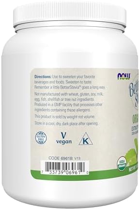 NOW Foods BetterStevia Organic Zero-Calorie Extract Powder, Keto Friendly, Suitable for Diabetics, No Erythritol, 1 Pound