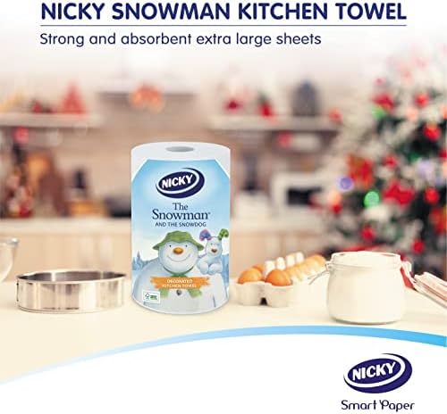 Nicky Snowman Super Roll Kitchen Towel | Pack of 4 Rolls | 2-ply Absorbent Paper for Kitchens | Embossed | Christmas Decorated Sheets | Multi-Purpose Decorated Kitchen Towels | 100% FSC Certified