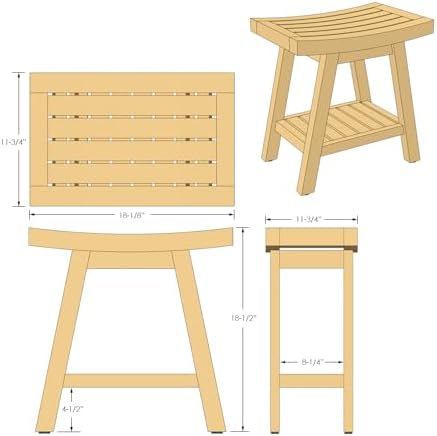 Asta Saba Solid Teak Indoor Outdoor Shower/Bath/Spa Stool Bench with Bottom Shelf, Fully Assembled, TB-115A