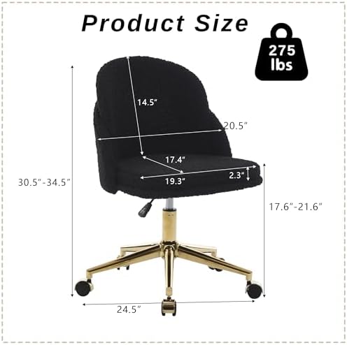 Faux Fur Desk Chair, Comfy Plush Makeup Vanity Chair Modern Upholstered Fluffy Swivel Chair with Wheels Golden Metal Base, Height Ajdustable for Girls, Home Office Living Dressing Room Bedroom, Black