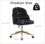 Faux Fur Desk Chair, Comfy Plush Makeup Vanity Chair Modern Upholstered Fluffy Swivel Chair with Wheels Golden Metal Base, Height Ajdustable for Girls, Home Office Living Dressing Room Bedroom, Black