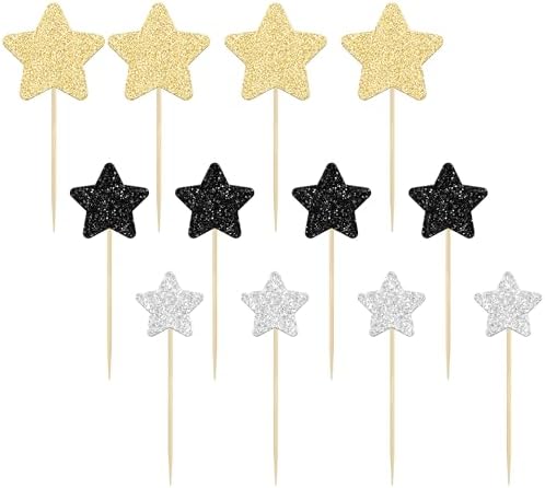 Gyufise 42Pcs Star Cupcake Toppers Glitter Assembled Twinkle Star Cupcake Picks Wedding Engagement Bridal Shower Birthday Party Cake Decorations Supplies Black Gold Silver