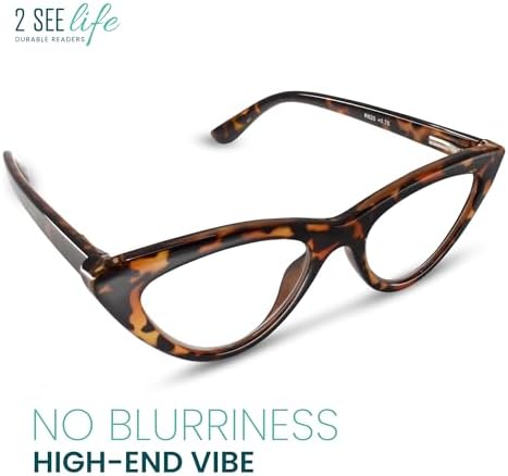 2SeeLife Premium Cat Eye TR-90 Reading Glasses for Women – Narrow–Medium Fit, Sturdy Frame, Spring Hinges, Stylish Readers, Brown Tortoise, +2.25