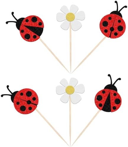 36 PCS Ladybug Cupcake Toppers Glitter Flowers Insects Cupcake Picks Garden Theme Baby Shower Kids Birthday Party Cake Decorations Supplies