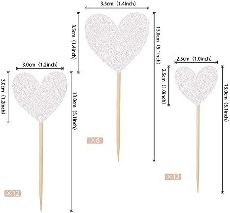 30 PCS Love Heart Cupcake Toppers Glitter Mixed Size Wedding Engagement Cupcake Picks Decorations for Wedding Anniversary Bridal Shower Birthday Valentine's Day Party Supplies Silver