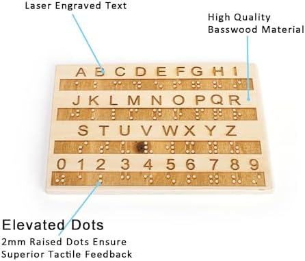 SOUJOY Wood Braille Alphabet Board, 0.4'' Thickened Braille Fingerboard with 2mm Carved Raised Dots, Letters & Numbers, Suitable for Blind Visually Impaired