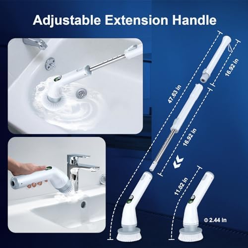 LABIGO Electric Spin Scrubber LA4 Pro, Dual Speed Bathroom Scrubber with Display & 6 Replacement Cleaning Heads, Cordless Power Scrubber with Adjustable & Detachable Handle for Bathroom Floor Tile