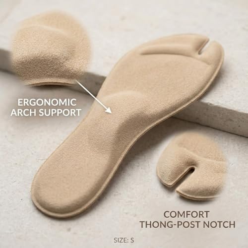 2 Pairs Insoles - Flip Flop Gel Arch Support Inserts, Suede Thong Sandal Cushion for Women, Anti Slip Adhesive Shoe Pads, Beige