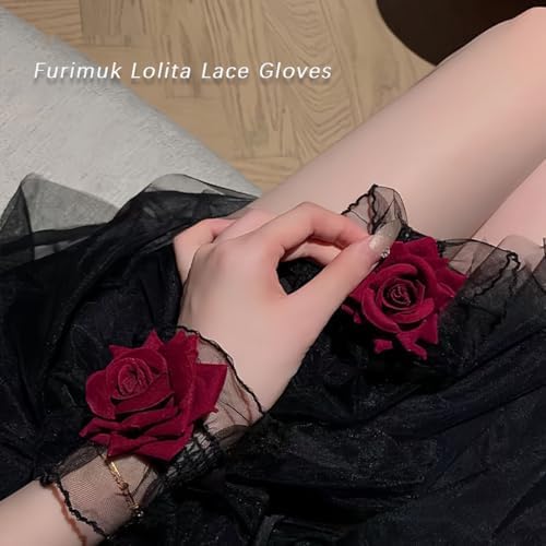 Furimuk Lolita Lace Gloves Fingerless Short Lace Wrist Cuff Black Hand Sleeve Bracelet Women Ruffled Red Floral Lolita Accessories for Halloween Wedding Wedding, Masquerade