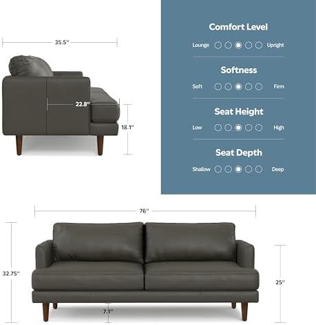 SIMPLIHOME Livingston 76-inch Wide Sofa in Coal Top Grain Genuine Leather, Handcrafted Mid-Century Modern Loveseat for Living Room, Compact 2-Seater with Feather-Wrapped Cushions and Solid Wood Frame