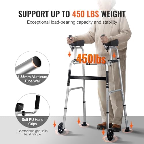 VEVOR 2 in 1 Folding Walker & Removable Armrests, Height Adjustable Foldable Walker with 5" Solid Wheels, Lightweight Aluminum | Front Wheeled Mobility Aid for Elderly Handicapped Disabled, 450 Pounds
