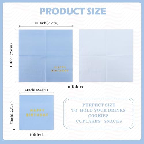 Vuzvuv 52 Pack Gold Foil Happy Birthday Cocktail Napkins - Birthday Party Dinner Hand Napkin for Party Supplies Decorations Table Decor for women man(5" Folded 3 Ply-Light Blue)