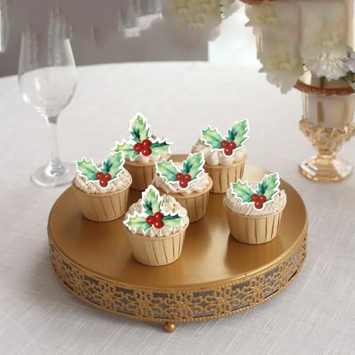 60 PCS Edible Merry Christmas Cupcake Toppers - Edible Holly Leaves Berries Cake Picks Decorations for Christmas & New Year Parties - Light Green