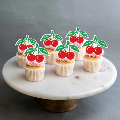 60 PCS Edible Cherry Cupcake Toppers Wafer Paper Sweet Fruit Theme Cake Decorations Edible Red Cherry Cupcake Picks for Baby Shower Wedding Birthday Party Cake Food Decorations Supplies