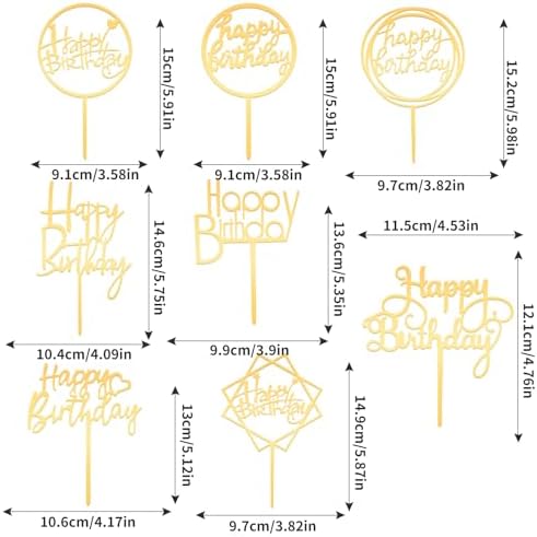 8 Packs Gold Happy Birthday Cake Toppers, Acrylic Double-Sided Glitter Cupcake Toppers Set, Happy Birthday Party Sign Decorations Supplies