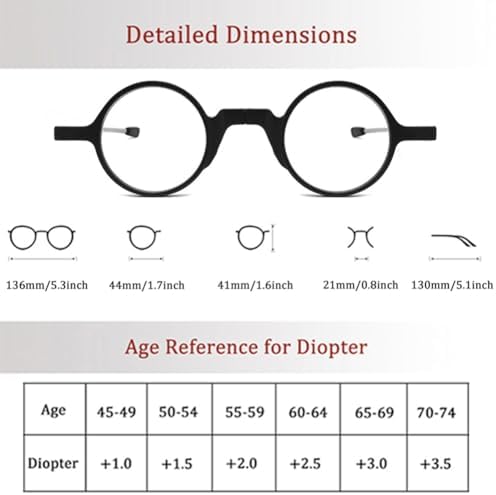 Folding Round Frame Reading Glasses, with Keychain, Portable Mini Reading Glasses, Compact Pocket Blue Light Blocking Reading Glasses for Men and Women(+1.5)